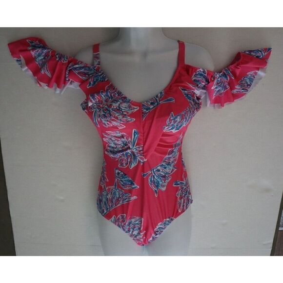 Nicole Miller Women's Sz S Pink Floral Cold Shoulder w/Ruffle 1-Pc Swimsuit $120 - Picture 7 of 7